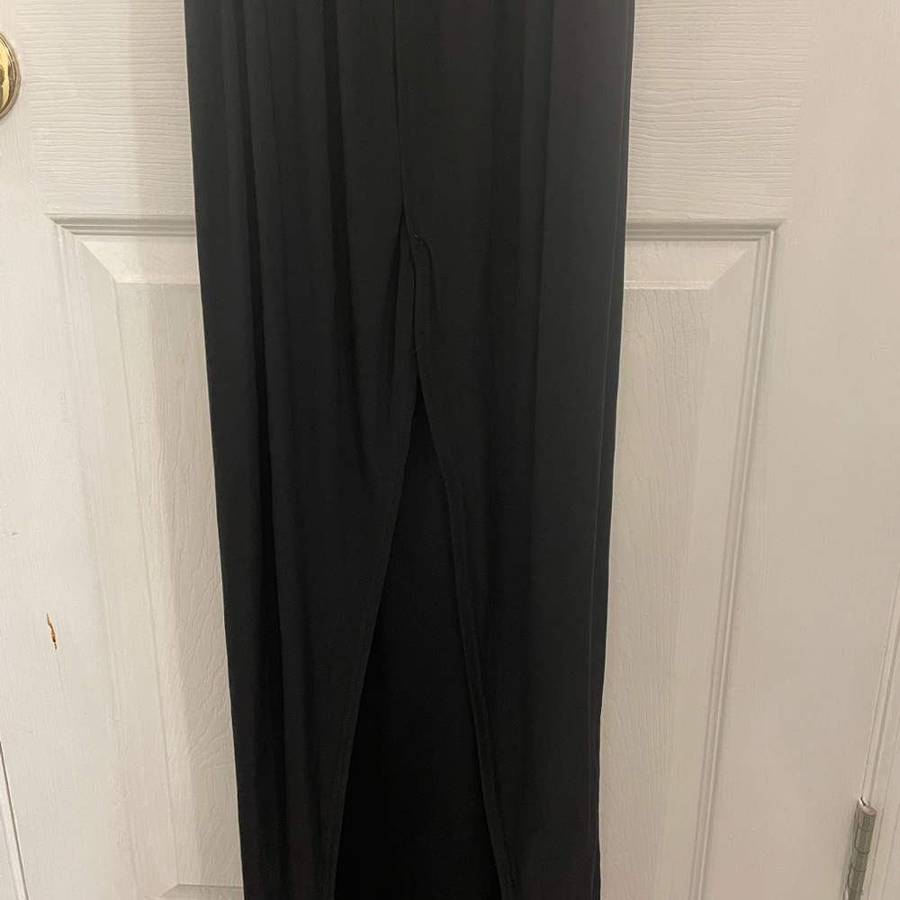 Low Cut V Neck Floor Length Cocktail Dress, black satin